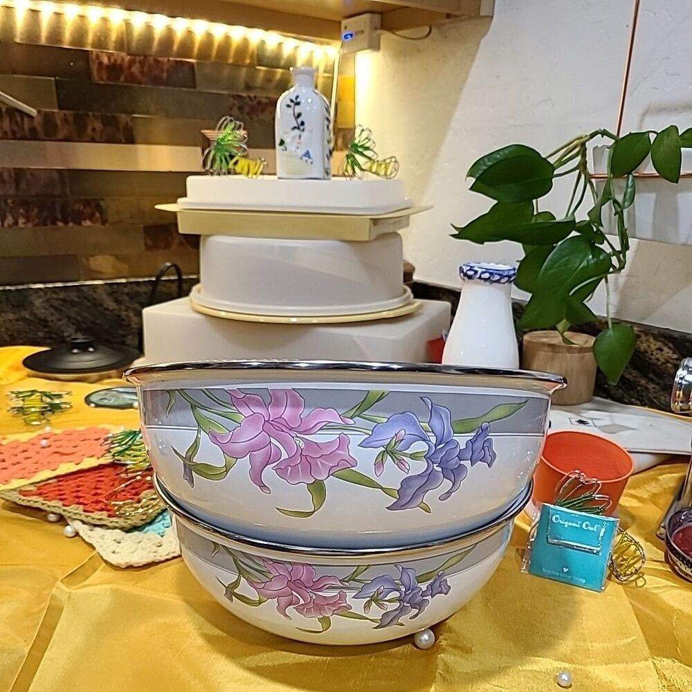 Vtg GMI Enamel Bowl Metal Nesting Pink Purple Iris White DW Safe